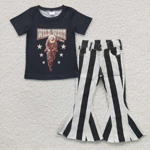 Wild West Black White Stripe Jeans Girls Short Sleeve+Trousers Sets