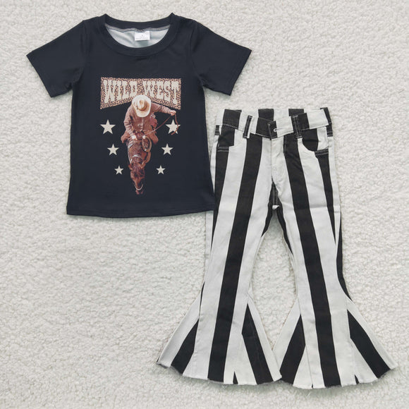Wild West Black White Stripe Jeans Girls Short Sleeve+Trousers Sets