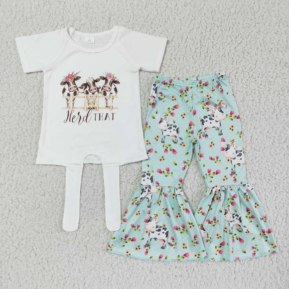 Promotional Floral Cow Criss-Cross Girls Short Sleeve+Trousers Sets