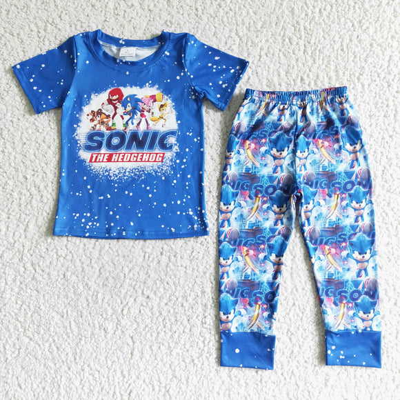 Promotional Cartoon Blue Boys Short Sleeve+Trousers Sets