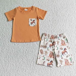 Horse Cow Light Orange Boys Shorts Sets