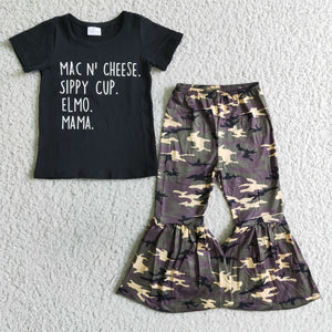 Promotional Camo Letter Black Girls Short Sleeve+Trousers Sets
