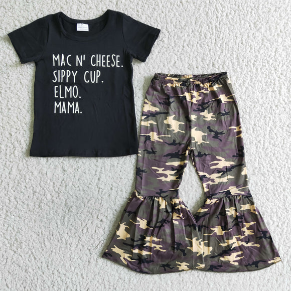 Promotional Camo Letter Black Girls Short Sleeve+Trousers Sets