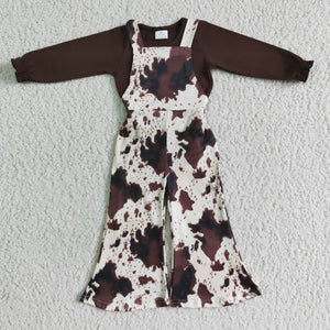 Cow Print Brown Girls Suspender Pants Overalls Sets