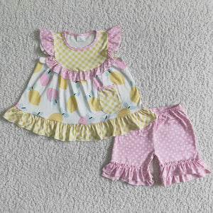 Promotional Lemon Pocket Pink Yellow Girls Shorts Sets