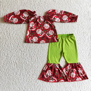 Promotional Santa Print Red Green Girls Christmas Outfits