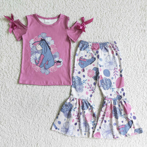 Cartoon Donkey Floral Girls Short Sleeve+Trousers Sets