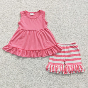 Pink Stripes Cotton Girls Shorts Sets