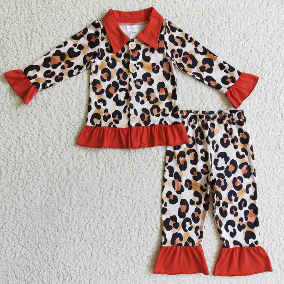 Leopard Print Red Ruffles Girls Christmas Pajamas