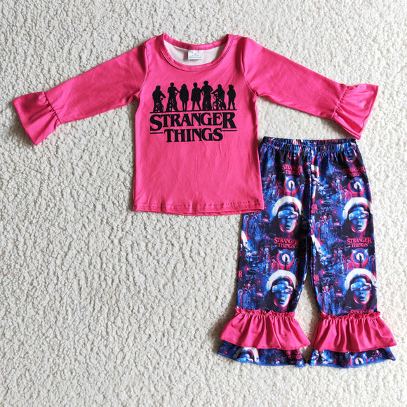 Promotional Scarecrow Letters Hot Pink Blue Girls Long Sleeve+Trousers Sets
