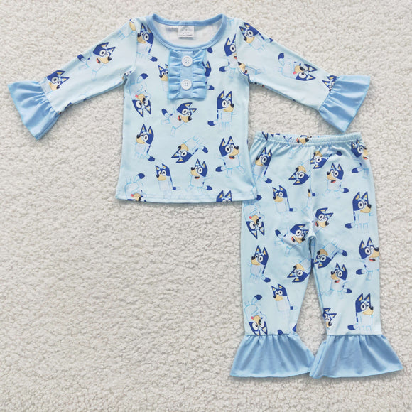 Cartoon Dogs Sky Blue Girls Long Sleeve Pajamas