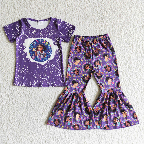 Promotional Cartoon Purple Girls Short Sleeve+Trousers Sets