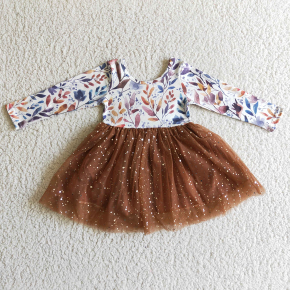 Promotional Floral Leaves Brown Gauze Girls Long Sleeve Dress