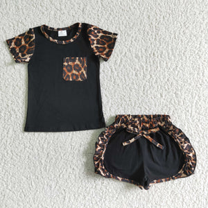 Black Leopard Print Pocket Girls Shorts Sets