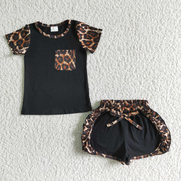 Black Leopard Print Pocket Girls Shorts Sets