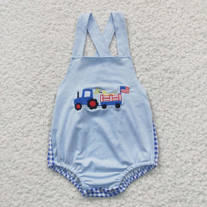 Truck Dog Blue Plaid Boys 4th of July Romper