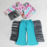 Promotional One Shoulder Cowgirl Tassels Girls Long Sleeve+Trousers Sets