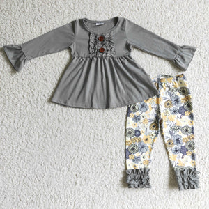 Gray Floral Girls Long Sleeve+Trousers Sets