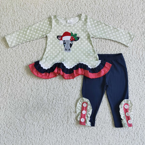 Cow Embroidery Navy Green Girls Christmas Outfits
