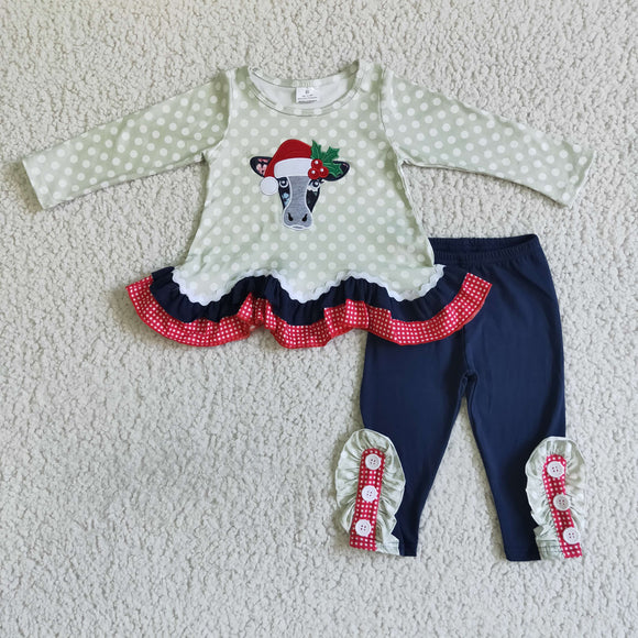Cow Embroidery Navy Green Girls Christmas Outfits