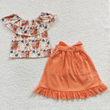 Highland Cow Floral Orange Girls Skirt Sets