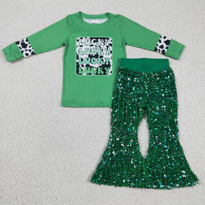 Lucky Cow Print Top Green Sequins Girls St. Patrick's Day Outfits