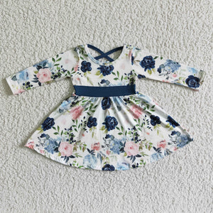 Promotional Criss-Cross Navy Floral Twirl Girls Long Sleeve Dress