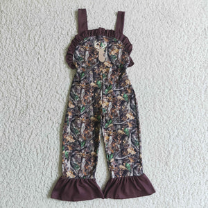 Jungle Leaves Deer Burgundy Girls Jumpsuit