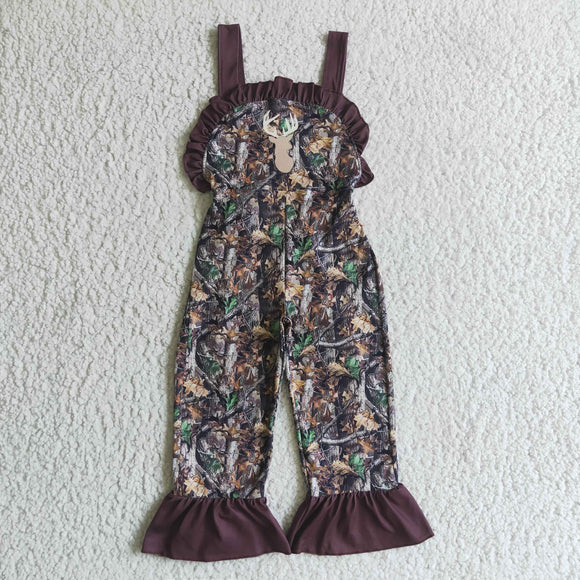 Jungle Leaves Deer Burgundy Girls Jumpsuit