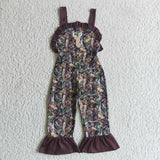 Jungle Leaves Deer Burgundy Girls Jumpsuit