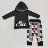Cartoon Black Plaid Boys Fall Hoodie Sets