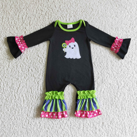Ghost Bows Black Green Stripes Girls Halloween Romper