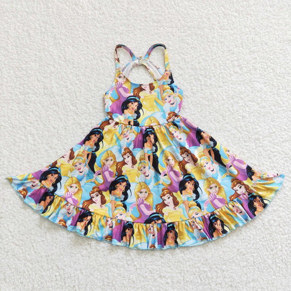 Cartoon Princess Yellow Sky Blue Girls Sleeveless Dress