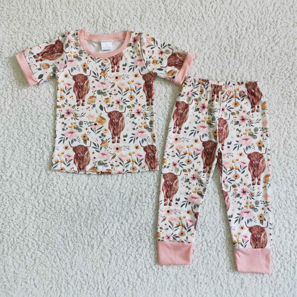 Promotional Cow Floral Pink Girls Short Sleeve Pajamas