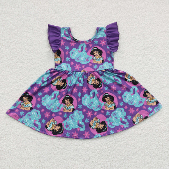 Promotional Cartoon Princess Floral Purple Girls Flutter Sleeve Dress