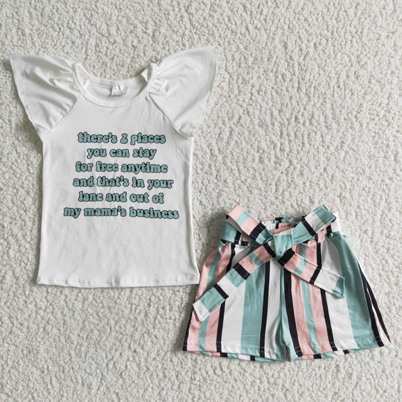 Mama's Business Stripes Belt Girls Shorts Sets