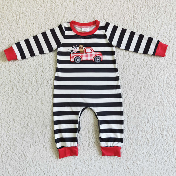 Cow Horse Truck Embroidery Stripes Red Boys Fall Romper