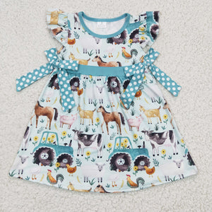 Farm Animals Bows Girls Flutter Sleeve Dress