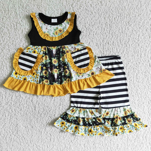Sunflower Pockets Stripes Girls Short Sleeve+Trousers Sets