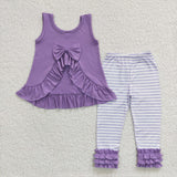 Stripe Solid Ruffles Purple Girls Short Sleeve+Trousers Sets