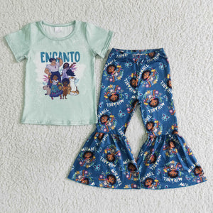 Promotional Cartoon Blue Girls Short Sleeve+Trousers Sets