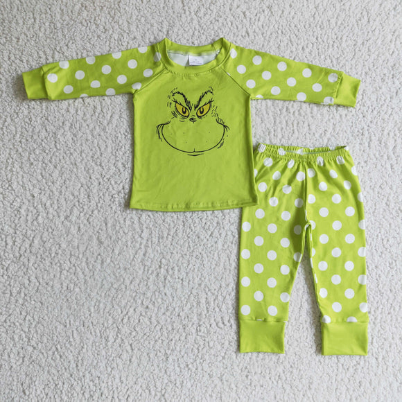 Cartoon Smile Green White Polka Dots Girls Christmas Pajamas