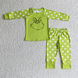 Cartoon Smile Green White Polka Dots Girls Christmas Pajamas