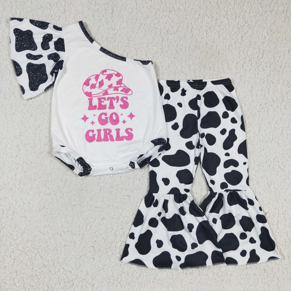 3-6M to 5-6T Cowgirl Cow Print White Summer Romper Girls Short Sleeve+Trousers Sets