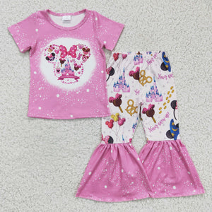 Never Grow Up Cartoon Castle Pink Girls Short Sleeve+Trousers Sets