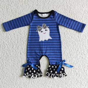 Ghost Blue Stripe Bows Cow Print Girls Halloween Romper