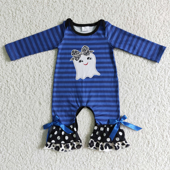 Ghost Blue Stripe Bows Cow Print Girls Halloween Romper