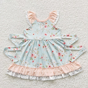 Floral Bluish Polka Dots Girls Flutter Sleeve Dress