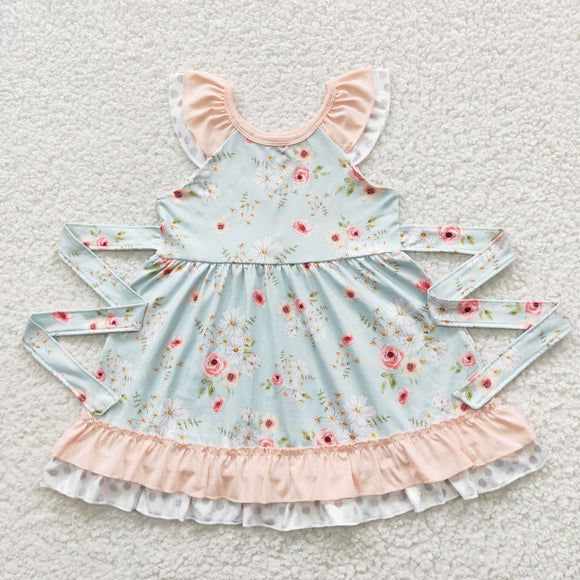 Floral Bluish Polka Dots Girls Flutter Sleeve Dress
