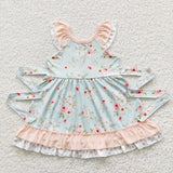 Floral Bluish Polka Dots Girls Flutter Sleeve Dress